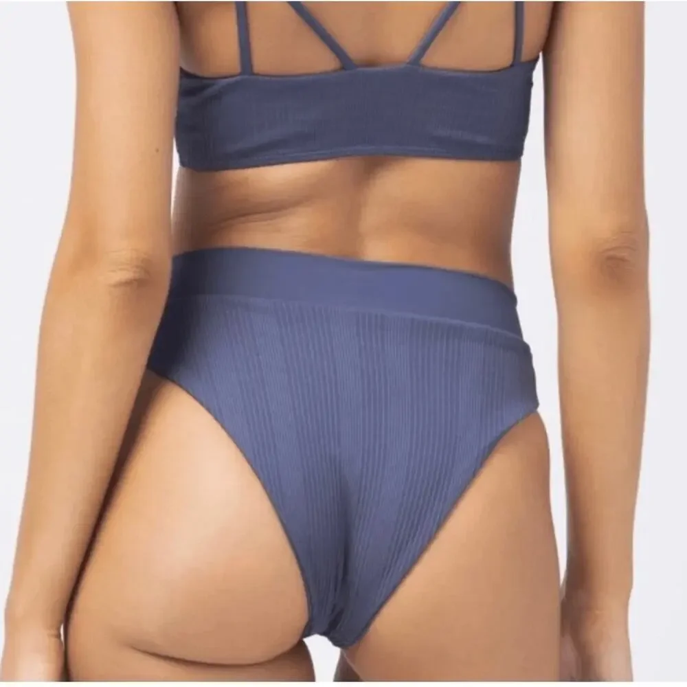L*Space Court Slate Crossover V Waist Ribbed High Leg Bikini Swim Bottoms S - Picture 2 of 9